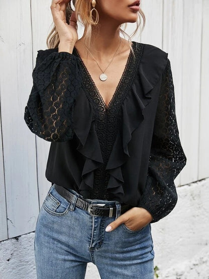 Blouse à volants pour femmes avec manches transparentes et délicats accents en dentelle Chic und Stil