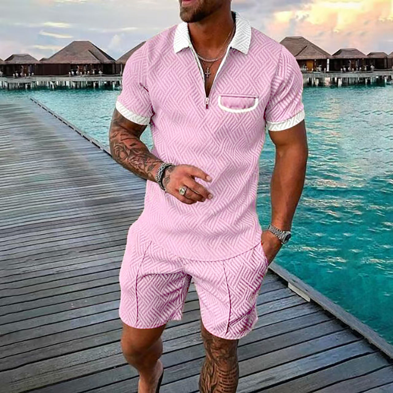 Ensemble polo à manches courtes à motif pour hommes et shorts Chic und Stil