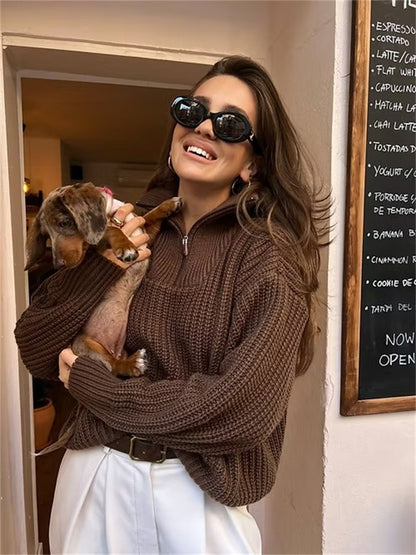 Pull femme en tricot épais avec col montant et fermeture éclair Chic und Stil
