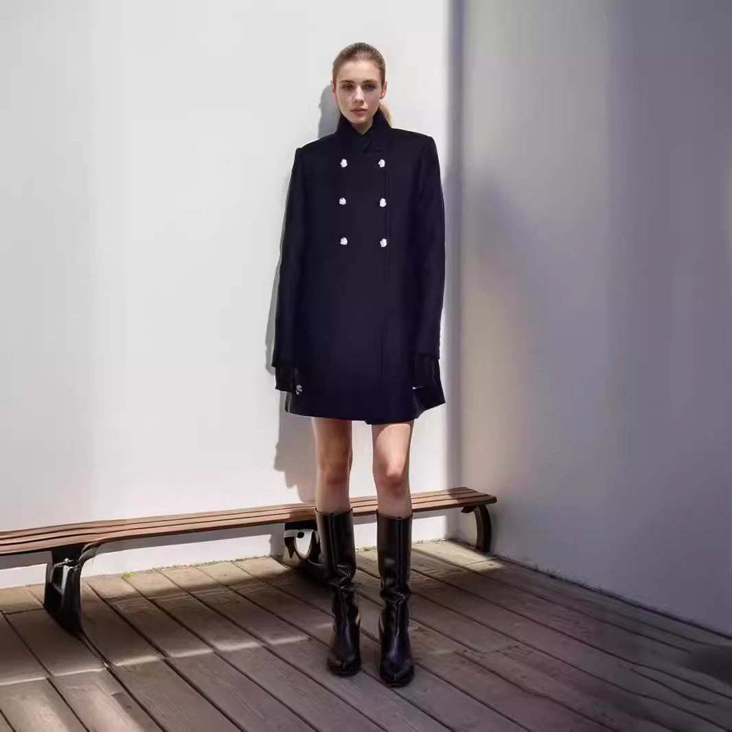 Dames Élégante Manteau Court à Double Rangée de Boutons avec Détails Soie Chic und Stil