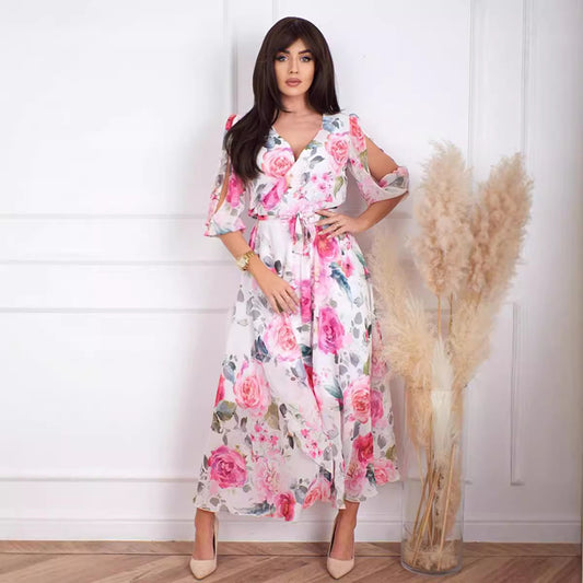 Dames Robe Maxi Longue avec coupe florale et manches raffinées Chic und Stil