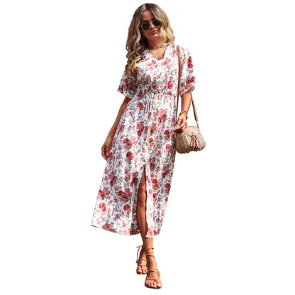 Robe maxi à imprimé floral pour femmes avec fente latérale et ceinture à nouer Chic und Stil