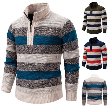 Fashionable knitted pullover for men with half-zip closure and striped pattern Chic und Stil