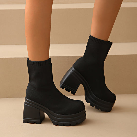 Bottes à talons hauts chunky pour femmes avec design en tricot flexible Chic und Stil