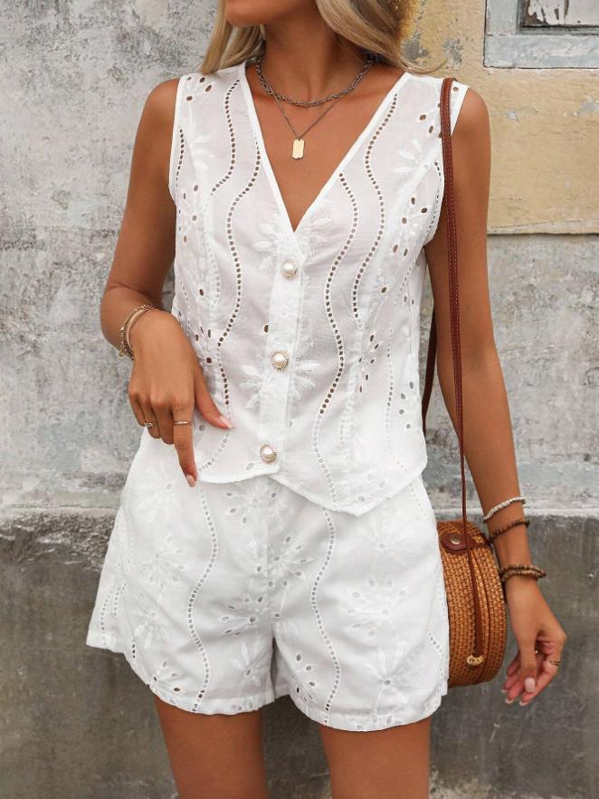Embroidered eyelet blouse and shorts set for women Chic and Style