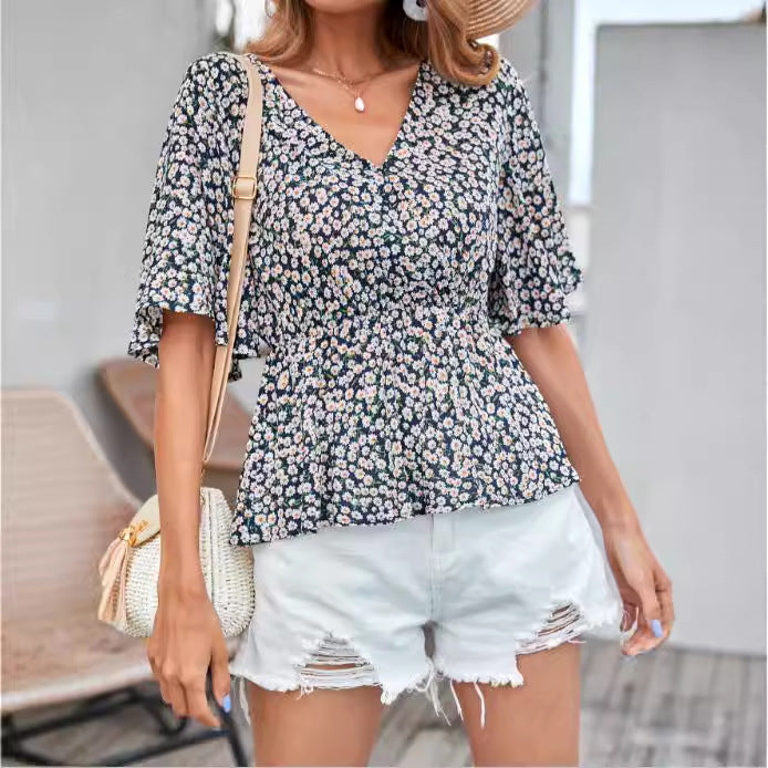 Dames blouse top avec motif floral et décolleté en V ludique Chic und Stil