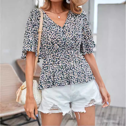 Dames blouse top avec motif floral et décolleté en V ludique Chic und Stil
