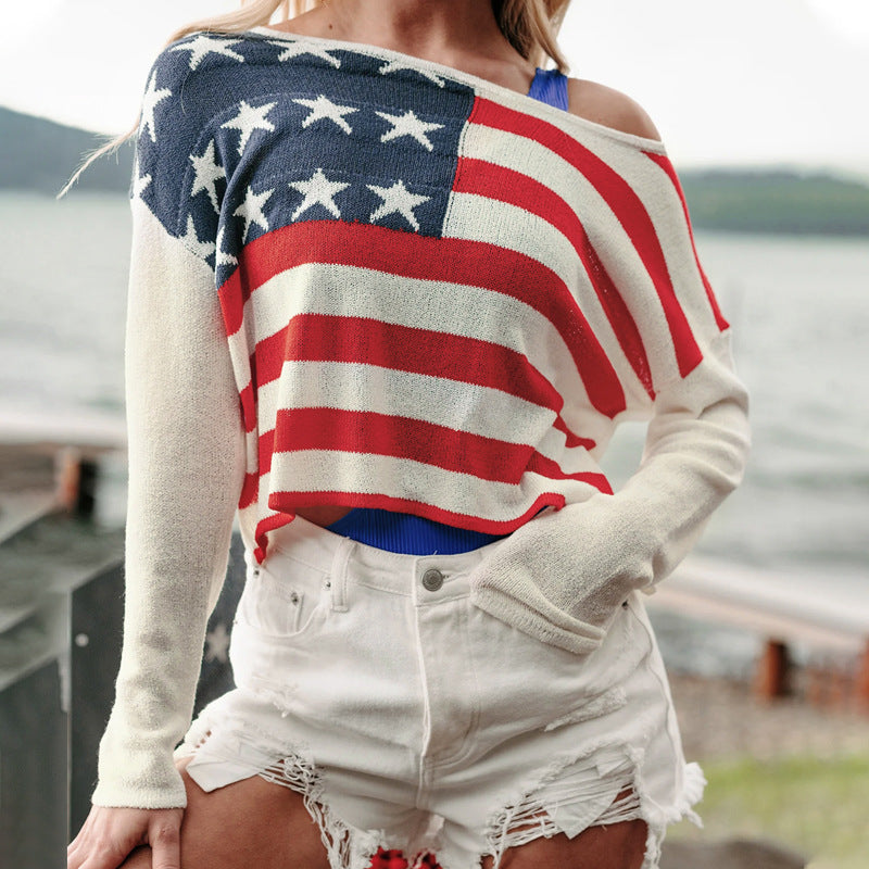 Pull décontracté pour femmes avec motif de drapeau et manches ornées Chic und Stil