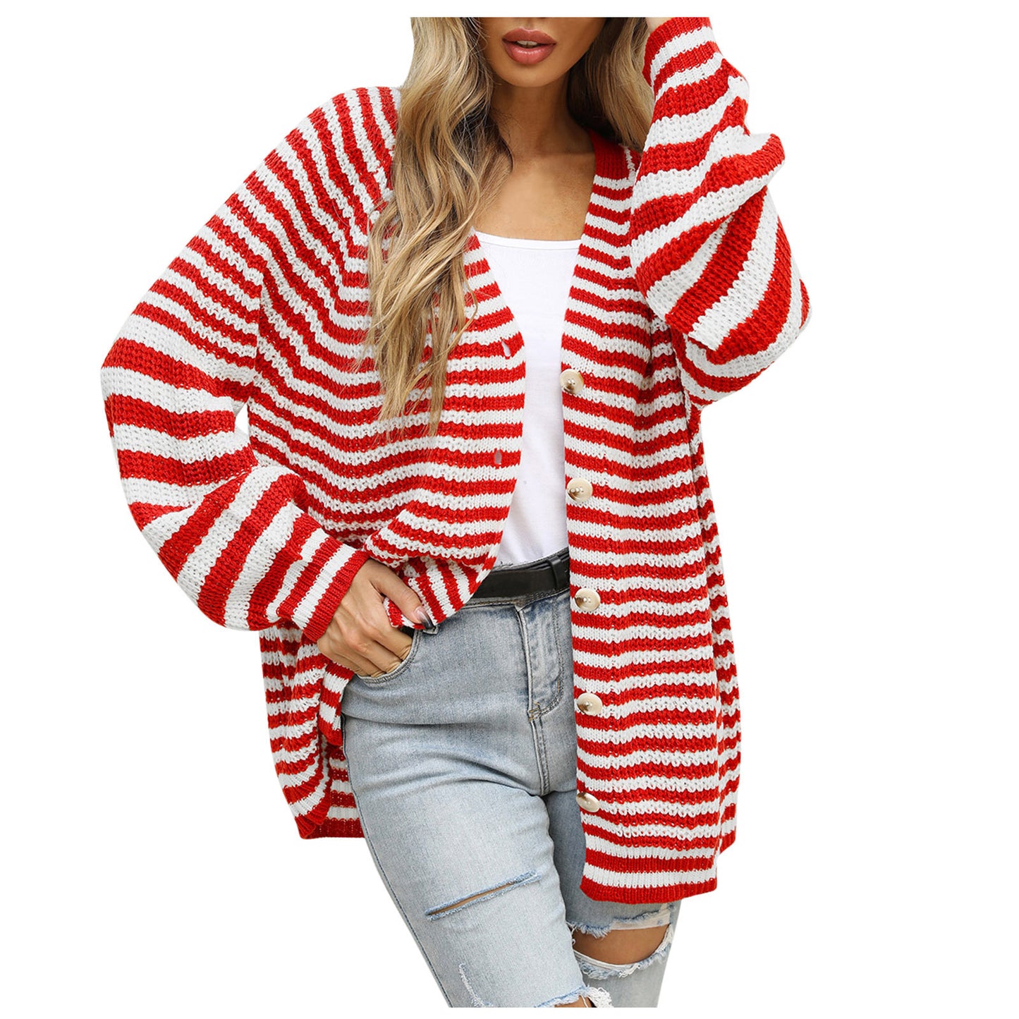 Dames gros tricot cardigan avec motif rayé tendance et manches amples Chic und Stil