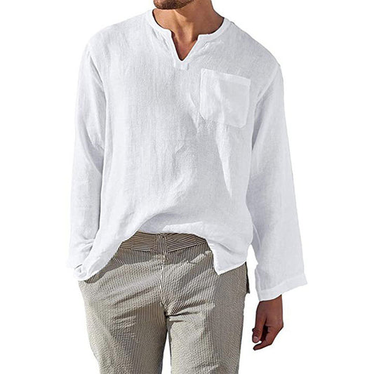 Chemise en lin pour hommes à manches longues avec col Henley et poche poitrine Chic und Stil