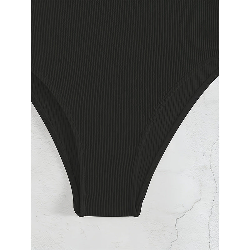 Ladies Ribbed V-neck One-piece Swimsuit with Decorative Accent Chic and Style