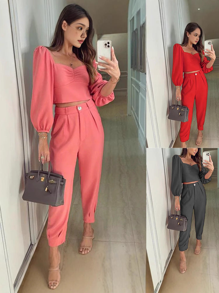 Women Elegant High-End with Balloon Sleeves and High-Waisted Pants Chic and Style
