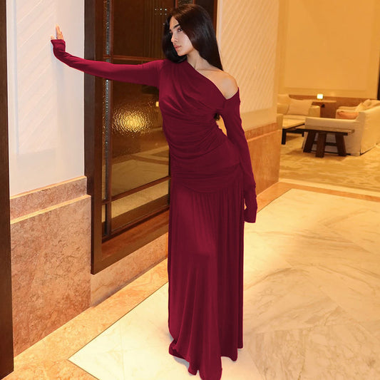 Robe maxi à enrouler élégante pour femmes avec empiècement asymétrique aux épaules Chic und Stil