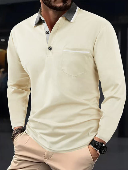 Men's long sleeve polo with textured collar and chest pocket Chic and Style