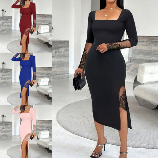 Dames Robe élégante avec manches en dentelle et fente latérale Chic und Stil
