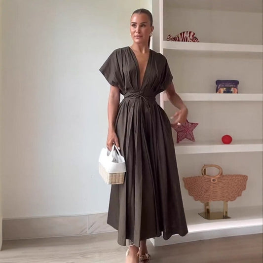 Robe midi pour femmes avec ceinture à nouer ajustable et élégant décolleté en V Chic und Stil