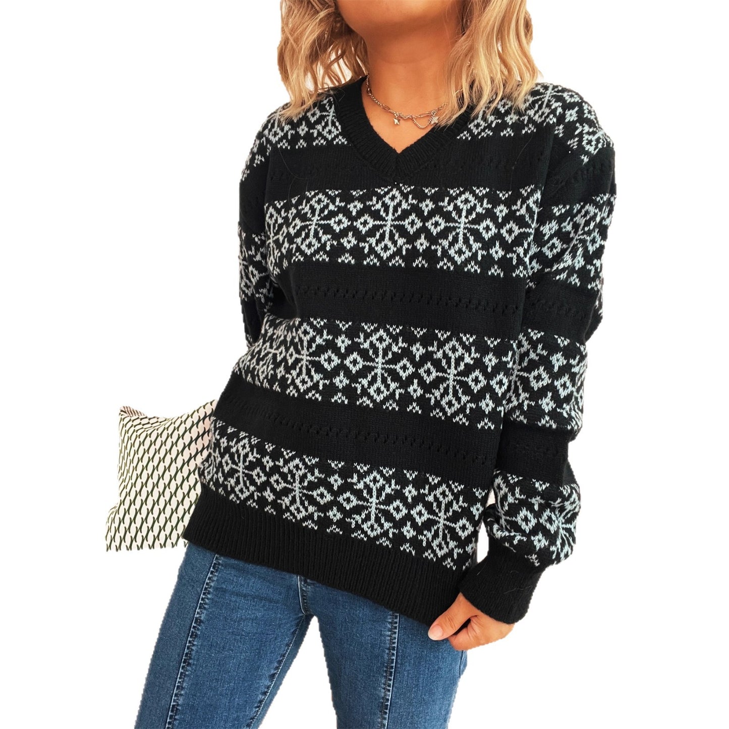 Pull en tricot pour femmes avec motif nordique et décolleté en V profond Chic und Stil