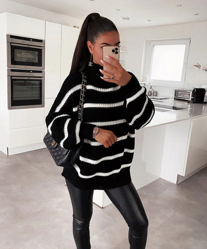 Pull oversized à rayures pour femmes avec un col roulé tendance Chic und Stil