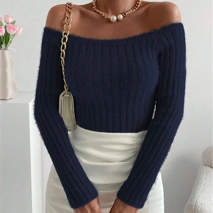 Dame Pull-over en maille off-shoulder avec structure en côtes fines et manches longues Chic und Stil