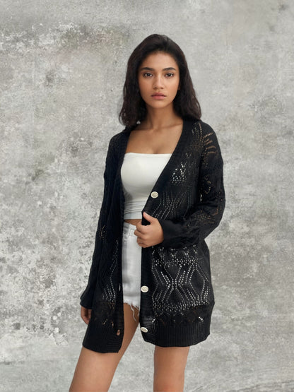 Dames Cardigan léger avec motif en crochet délicat et détails de boutons Chic und Stil