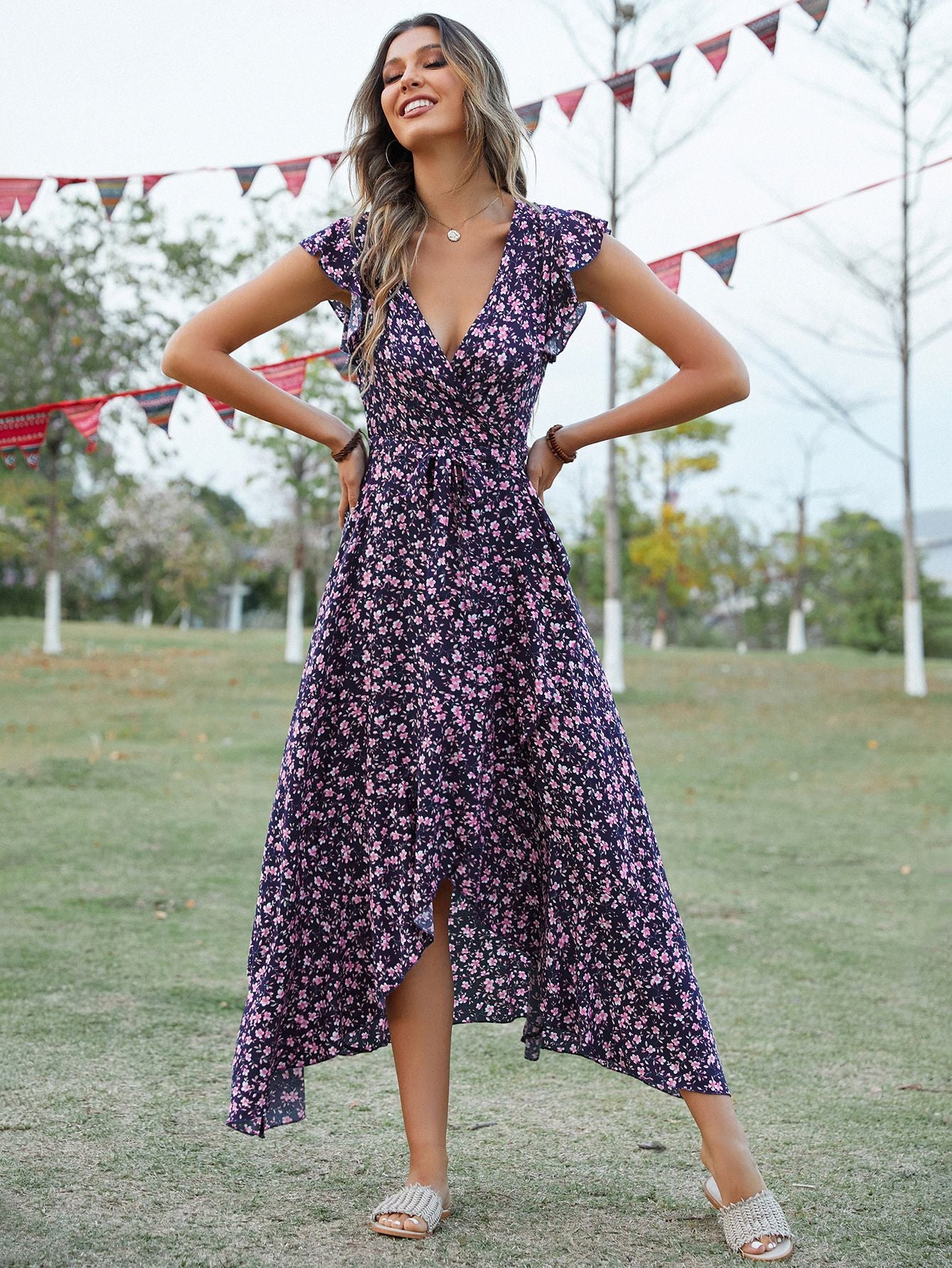 Robe maxi portefeuille pour femmes avec des manches fluides Chic und Stil