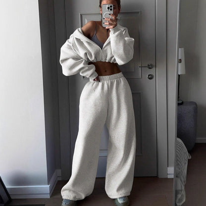 Femme ensemble en polaire décontracté avec pull court et pantalon large Chic und Stil