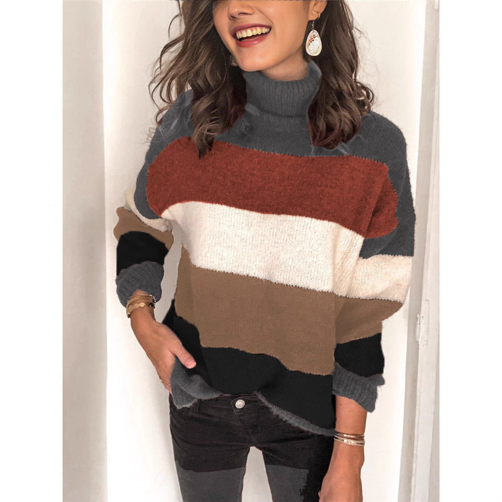Pull en tricot tendance pour femmes avec col roulé décontracté et design à blocs de couleurs Chic und Stil