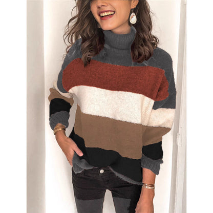 Pull en tricot tendance pour femmes avec col roulé décontracté et design à blocs de couleurs Chic und Stil