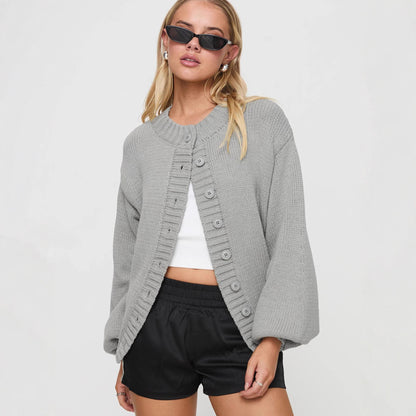 Dames confortable cardigan en tricot avec des détails de bouton décoratifs et des manches volumineuses Chic und Stil