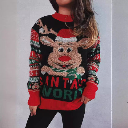 Pull en Noël pour femmes avec motif de renne festif et détails en tricot colorés Chic und Stil
