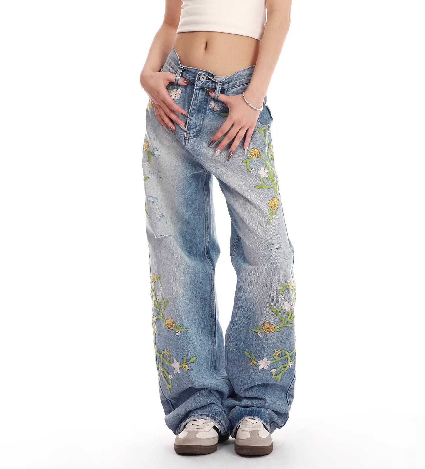 Dames brodé large Denim jeans Chic und Stil