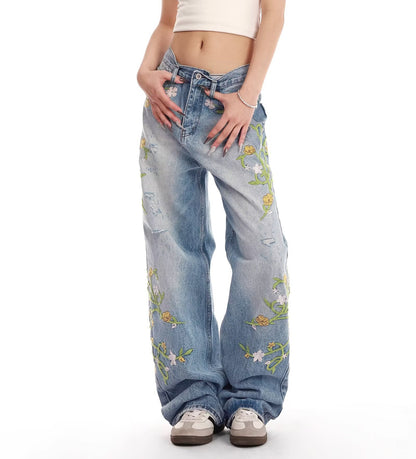 Dames brodé large Denim jeans Chic und Stil