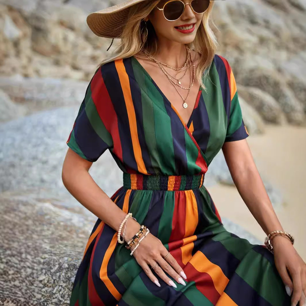 Femmes Robe Maxi Rayée Colorée Chic und Stil