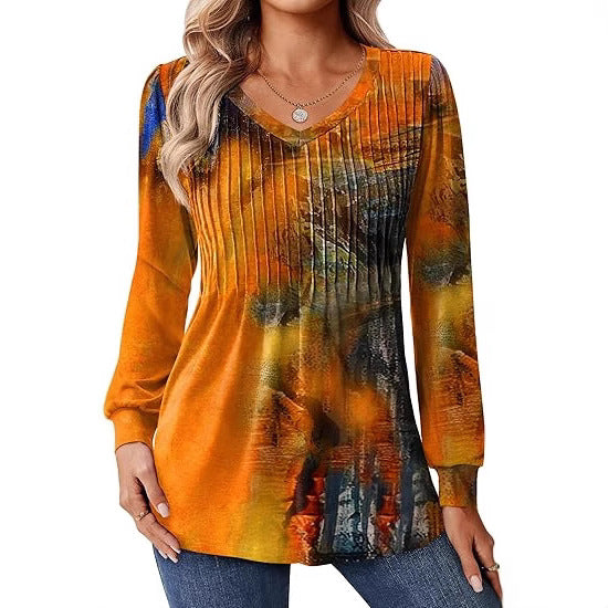 Blouse à manches longues pour femmes avec décolleté en V et dégradé de couleurs artistique Chic und Stil