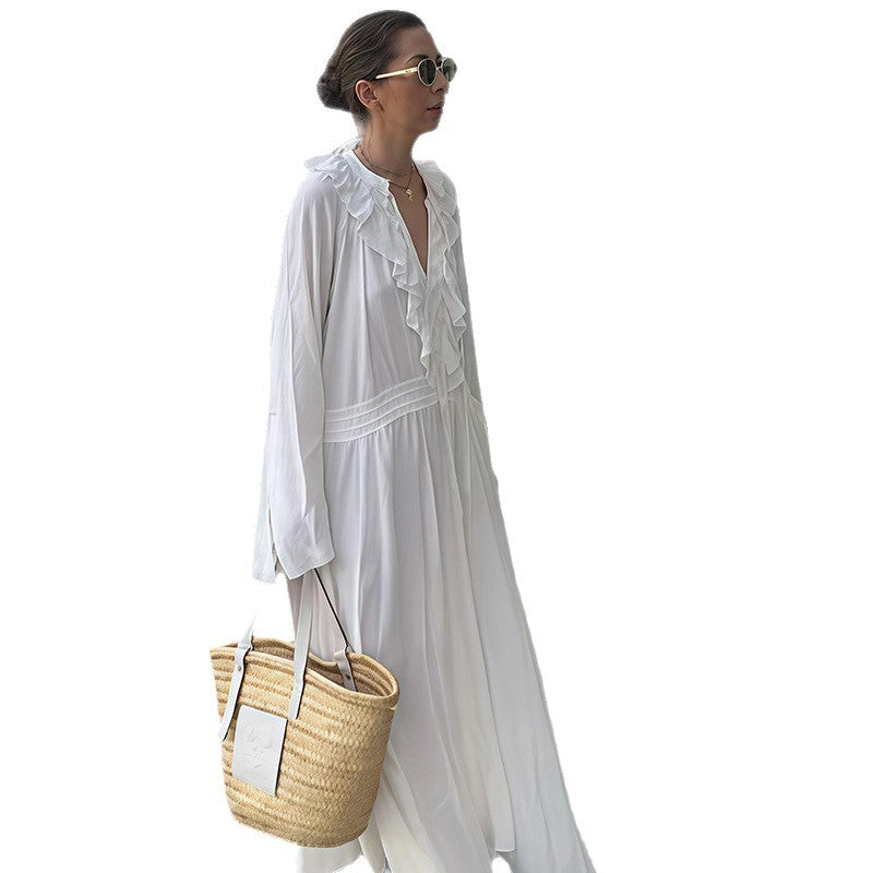 Robe maxi fluide pour femmes avec détails en volants et ceinture élastique Chic und Stil