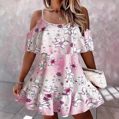 Dames Floral Off-Shoulder Volant Mini Robe Chic und Stil