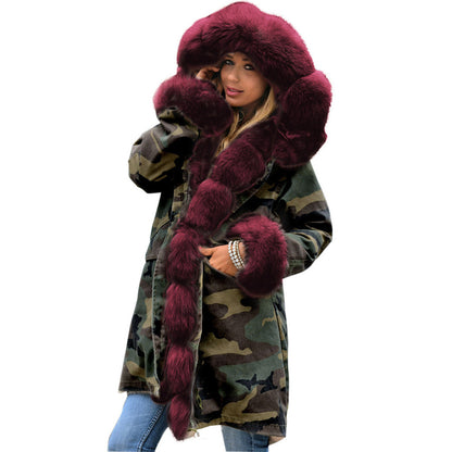 Dames camouflage manteau d'hiver avec col en fausse fourrure XXL et sangles amovibles Chic und Still