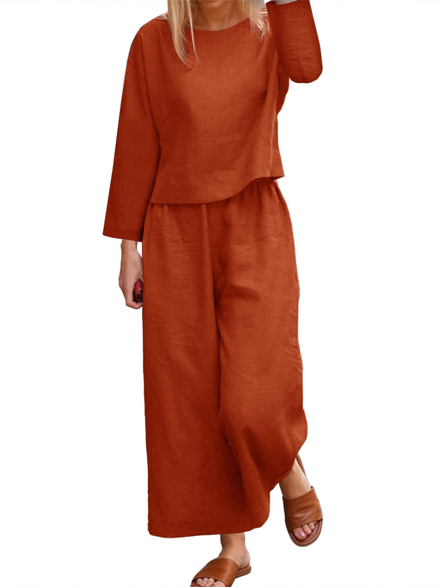 Chic and Style women's long sleeve linen casual set with wide pants