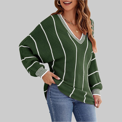 Pull femme décontracté à col en V avec motif rayé Chic und Stil