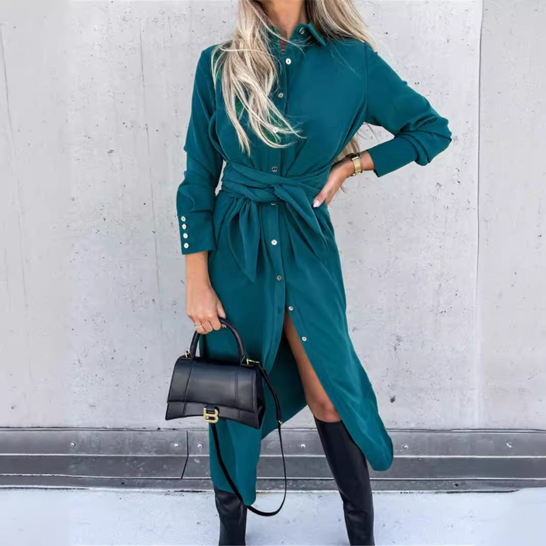 Dames Robe Midi Élégante avec Ceinture et Patte de Boutonnage Chic und Stil