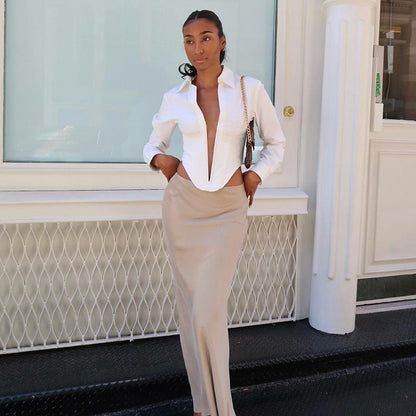 Dames Haut de blouse structuré élégant avec décolleté plongeant Chic und Stil