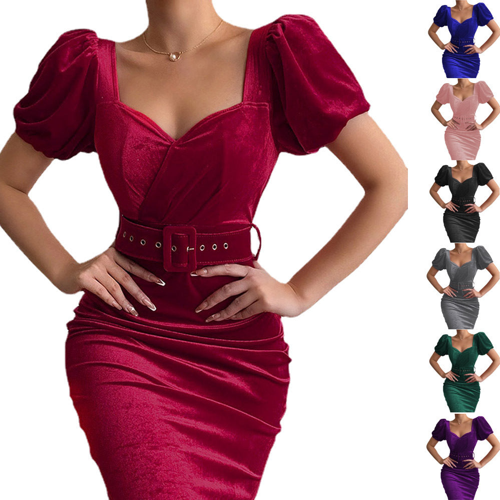 Dames Élégant Robe Bodycon à Manches Bouffantes avec Ceinture Chic und Stil