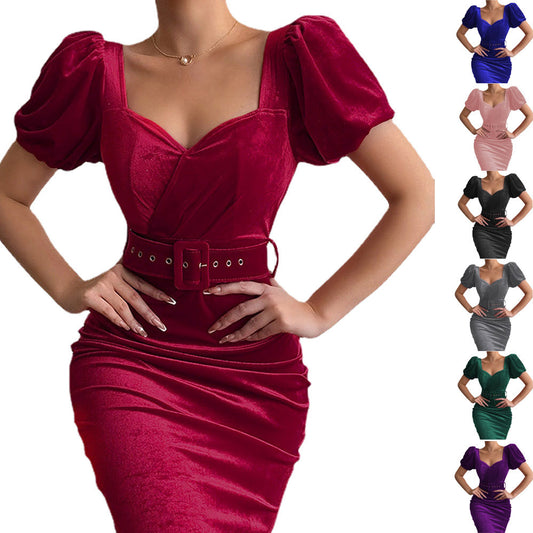 Dames Élégant Robe Bodycon à Manches Bouffantes avec Ceinture Chic und Stil