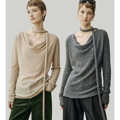 Dames Haut en tricot élégant avec décolleté ouvert et lien Chic und Stil