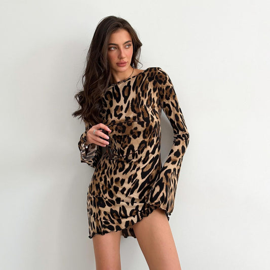 Women's Leopard Print Mini Dress Long Sleeve Chic and Stylish