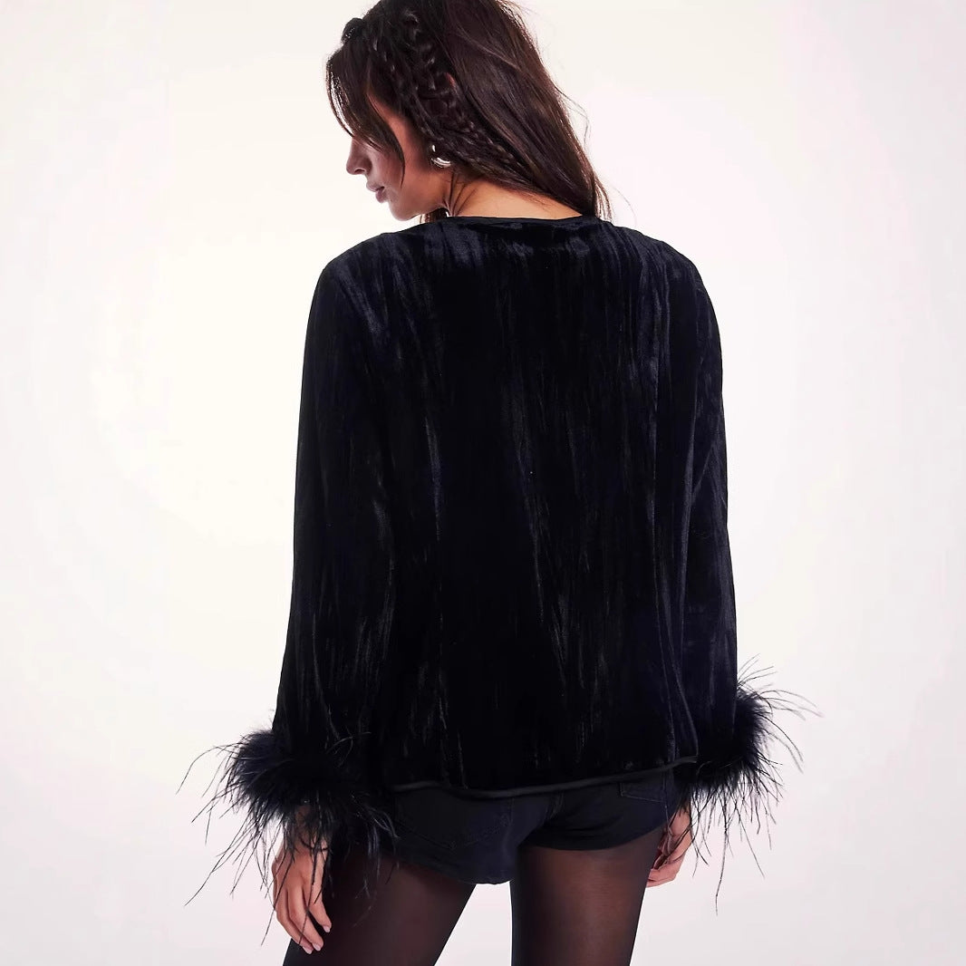 Dames élégant Veste en velours avec accents en dentelle Chic und Stil