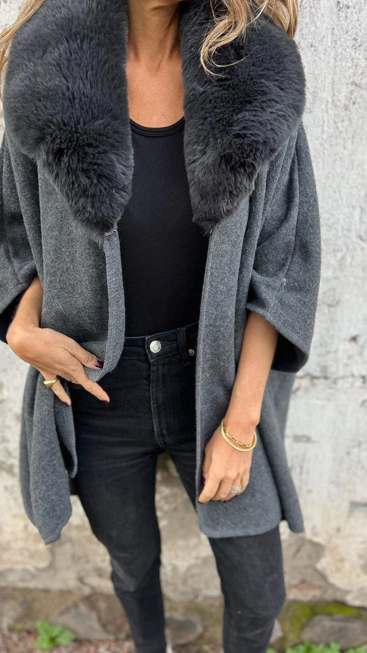 Dames Élégante Veste en Laine avec Col en Fourrure Synthétique Luxueux Chic und Stil