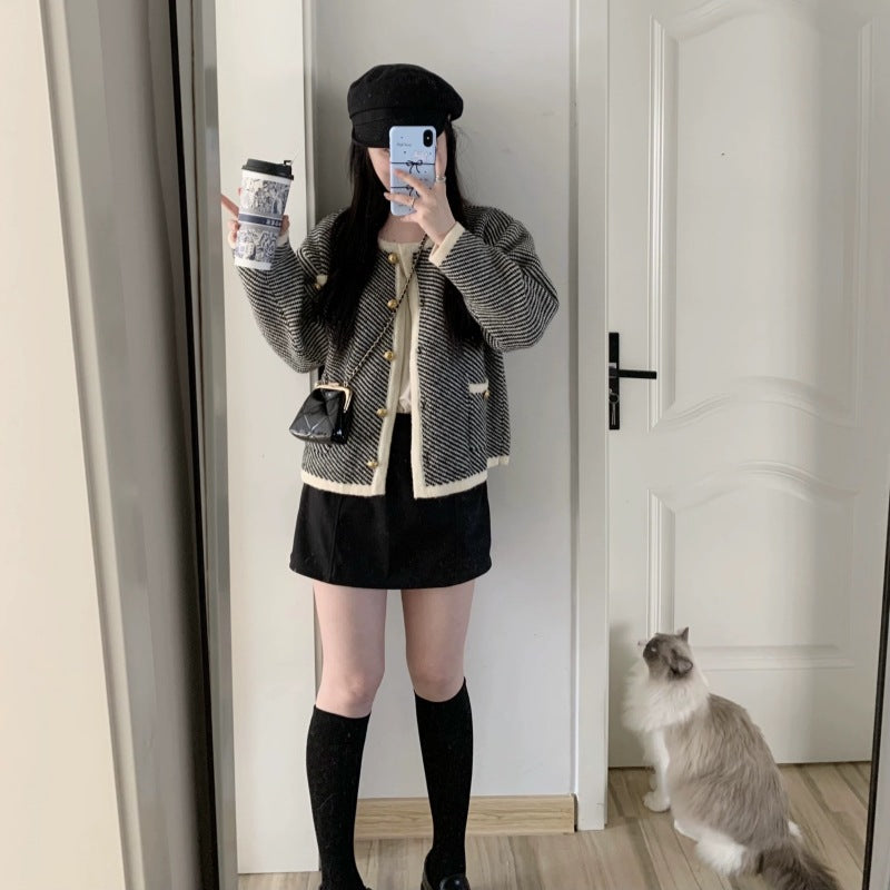 Dames élégant cardigan en design classique pied-de-poule avec boutons dorés Chic und Stil