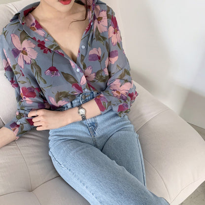 Dames Chiffon Imprimé Floral Boutonné Blouse Chic und Stil