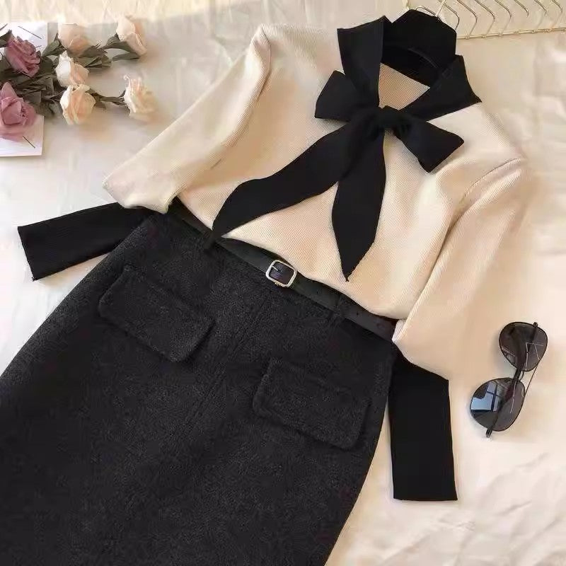 Ensemble de pull chic avec nœud papillon et jupe crayon Chic und Stil